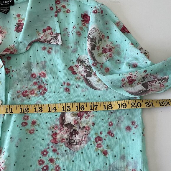 About A Girl Los Angeles L Sheer Mint Pastel Green Blouse Top Floral Skulls - Picture 6 of 9